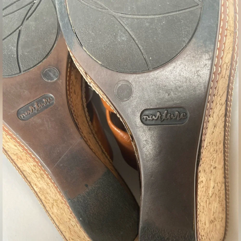 Nurture~Cognac~Leather~Knotted/Trim Design~Cork Wedge~Platform Sandal~Size 7.5